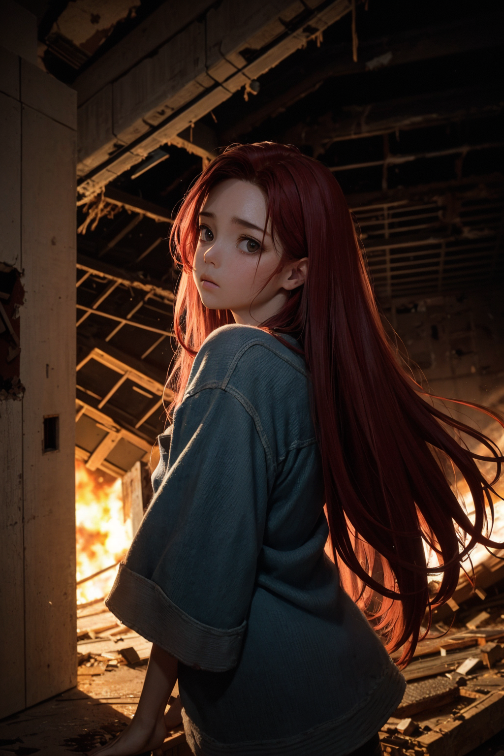 07139-3660623043-masterpiece, best quality,8K,realistic,_,_1girl,walking,ruins, wreckage,sad,long hair,red hair,pov,looking at viewer, (wide shot.png